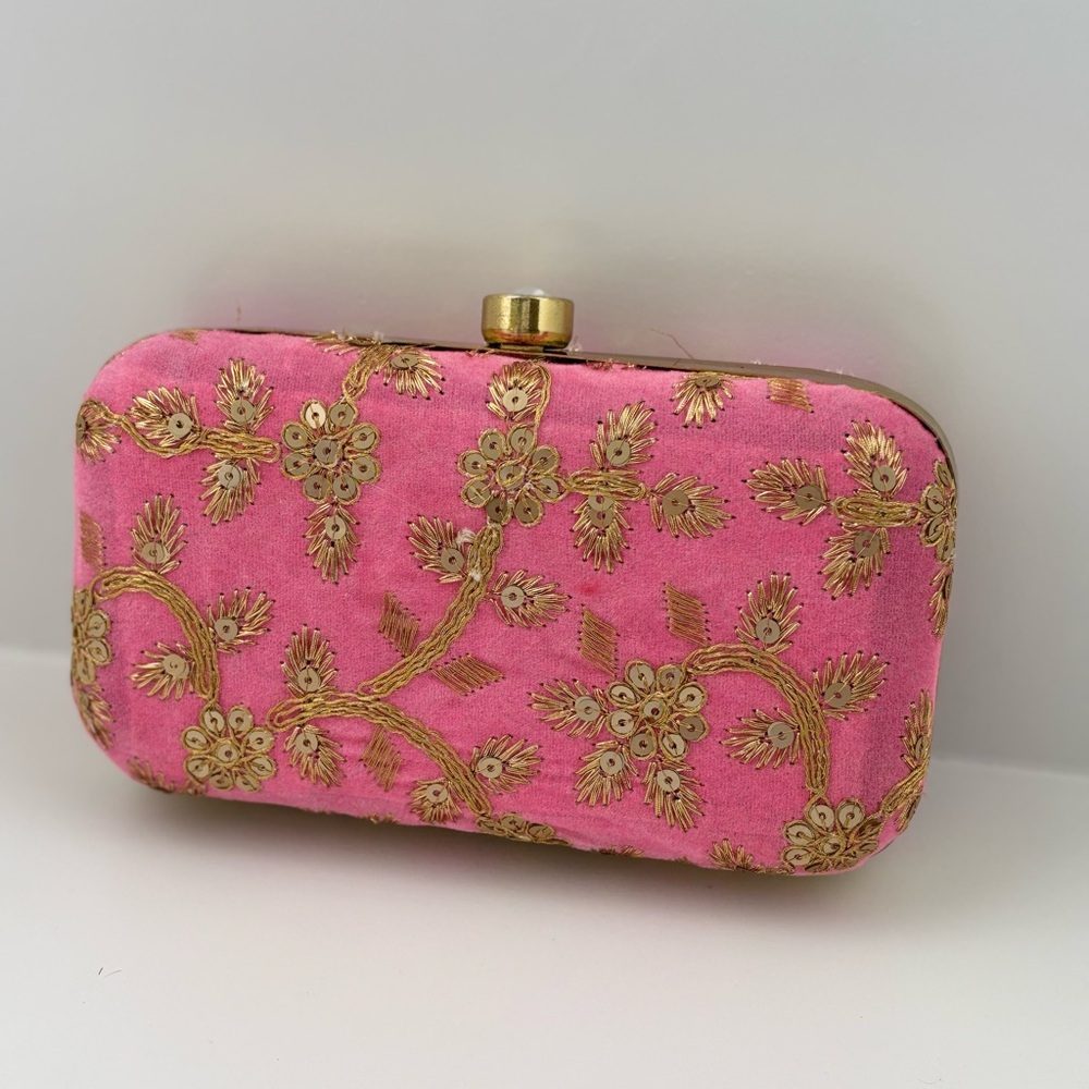 Pink and Gold Embroidered Clutch